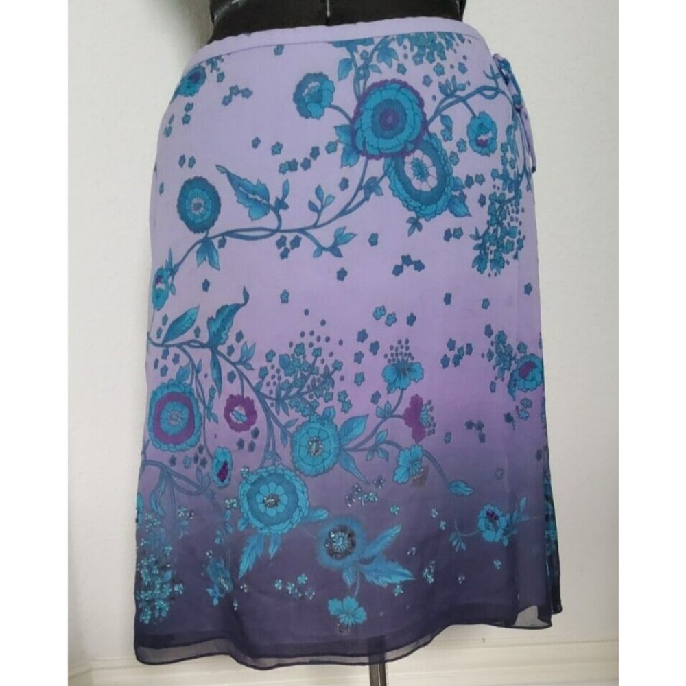 ML 14 100% Silk Valerie Stevens Blue Purple Sequined Faux Wrap Skirt